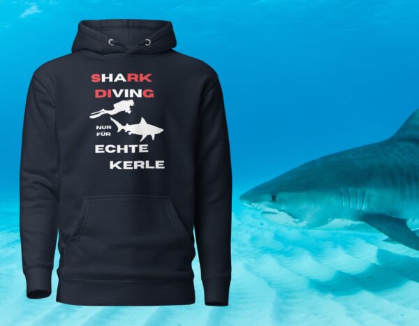 Shark Diving nur für Echte Kerle roter und weißer Text Unisex Premium Hoodie