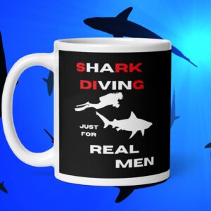 Shark Diving Real Men Red And White Text Black Mug