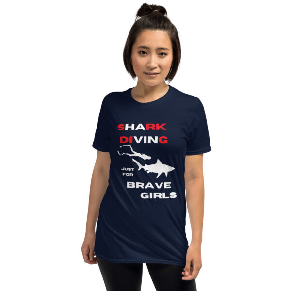 Shark Diving just for Brave Girls red and white text Short-Sleeve Unisex T-Shirt - Image 3