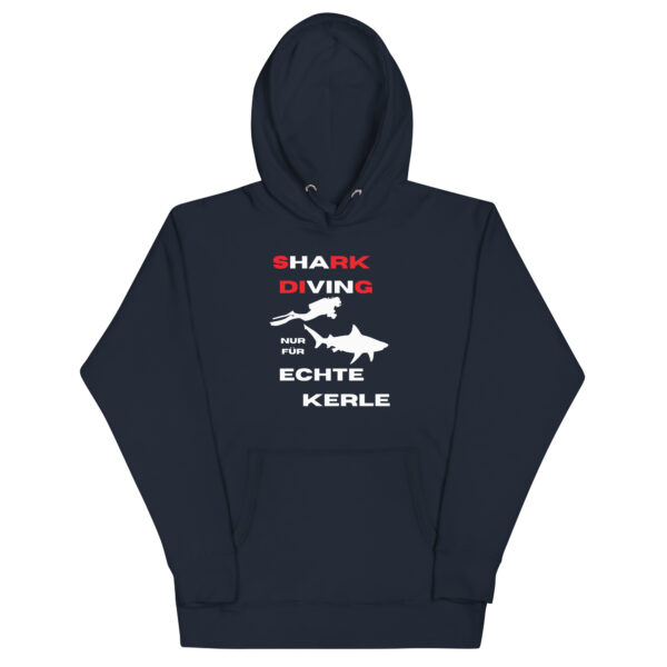 Shark Diving nur für Echte Kerle roter und weißer Text Unisex Premium Hoodie - Image 2