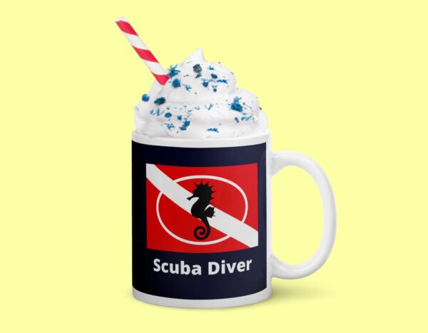 Seahorse Mug Scuba Diver Navy White glossy mug - Image 4