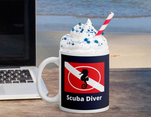 Seahorse Mug Scuba Diver Navy White glossy mug - Image 6