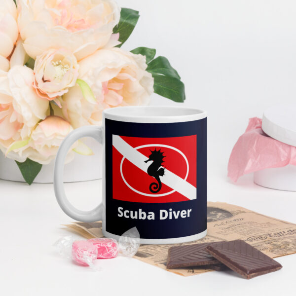 Seahorse Mug Scuba Diver Navy White glossy mug - Image 3