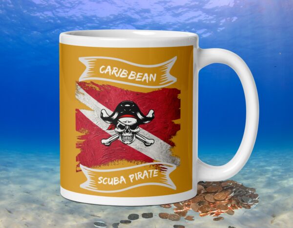 Caribbean Scuba Pirate gold White glossy mug