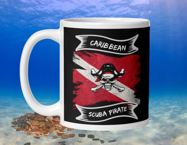 Caribbean Scuba Pirate Black White glossy mug