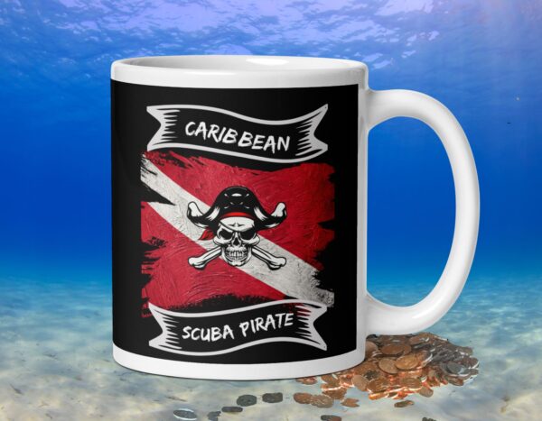 Caribbean Scuba Pirate Black White glossy mug - Image 2